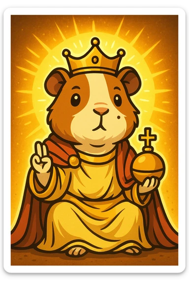 almighty guinea pig god with a mole on the left cheek, glowing aura, regal pose, cartoon style sticker