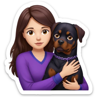 Mulher de cabelo castanho comprido usando blusa roxa abraçando um rottweiler  sticker