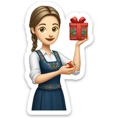A female teacher in Ukrainian embroidery holds a gift in her hand sticker