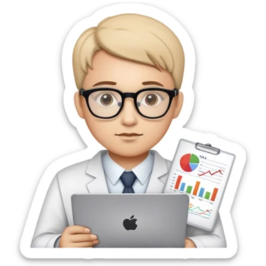 Emoji of an analyst: wearing glasses, focused expression, holding a graph, chart, or laptop, symbolizing data analysis and insights. sticker