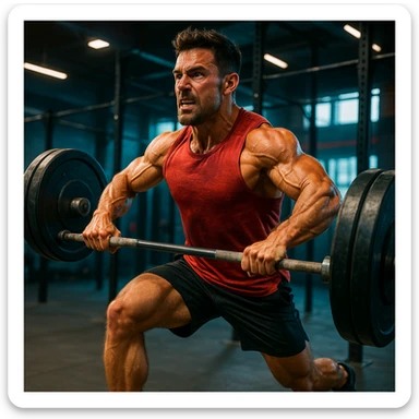 realistic 4K image of a CrossFit athlete training, creative and impactful, muscles highlighted, dynamic movement, vivid colors, energetic atmosphere, modern gym background sticker