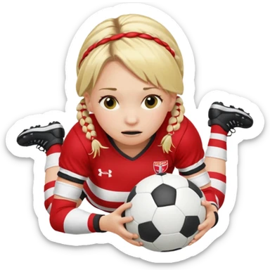 Chica de pelo rubio tirada en el suelo boca abajo agarrando un balón DE RUGBY con las manos vestida con una equipación de color rojo y blanco con líneas y con unas botas de tacos de fútbol, con un bucal en la boca y el pelo con trenzas, se la tienen que ver las piernas  sticker