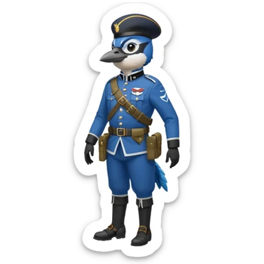 A bluejay bombadier, grenadier, military uniform, bandolier of grenades, bombs, side profile, feet included  sticker