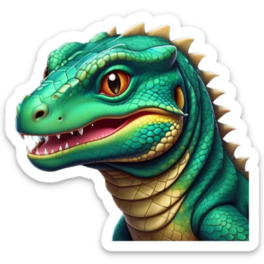 Cinematic Comical Komodo Dragon Lizard Portrait Emoji, Head tilted dramatically with an exaggeratedly shocked expression, featuring a robust, scaled body with wide, comically expressive eyes full of humorous disbelief, Simplified yet hilariously expressive features, highly detailed, glowing with a slightly sassy glow, high shine, dramatic yet playful, stylized with an air of quirky exotic attitude, soft glowing outline, capturing the essence of a meme-worthy Komodo dragon that looks ready to side-eye its way into viral fame! sticker