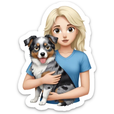 Blonde girl holding a black tricolor australian shepherd on one side and a blue merle australian shepherd on the other side sticker