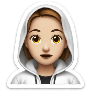 
White hoodie, brown hair, black eyes, slightly overweight girl with vampire make-up sticker