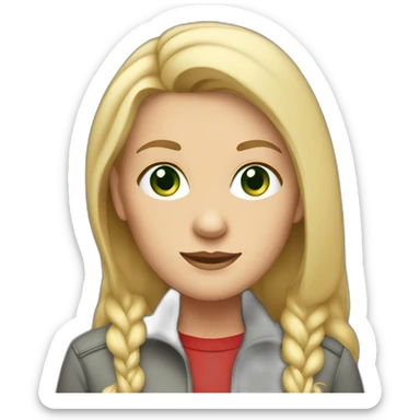 28 old women, white skin, long straight blond hair, green eyes, red shirt in a gray jacket sticker