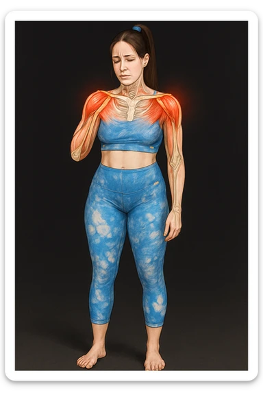 A woman with shoulder pain, add anatomically highlighted shoulders on the body, variant 6, in a style suitable for editing and anatomical emphasis. sticker