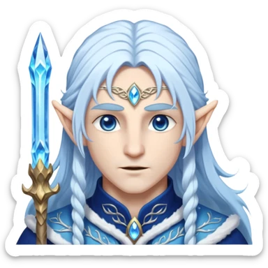 Legendary fantasy Christmas elf portrait icon, Santa Claus and Snow Maiden inspired, ancient winter spirit style, long flowing white-blue hair, glowing frost eyes, crystal staff, elegant elven features, divine winter magic aura, icy silver color palette, highly detailed but clean emoji icon male sticker