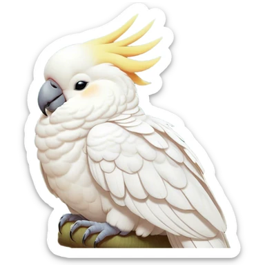 Meme-Worthy Cute Sleeping Cockatoo Portrait Emoji, Head resting peacefully with a contented smile, showcasing a softly feathered body with a gently drooping crest and eyes closed in serene slumber, Simplified yet adorably endearing features, highly detailed, glowing with a soft, drowsy tropical light, high shine, relaxed and utterly lovable, stylized with an air of playful laziness, soft glowing outline, capturing the essence of a sleeping cockatoo that feels destined to become the next viral icon of adorable rest! sticker