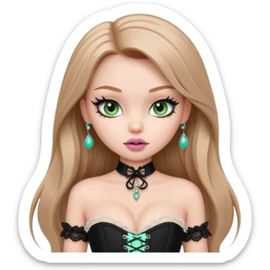 pretty bratz girl, long straight LIGHT BROWN HAIR, jade green eyes, black eyeliner, pale skin, black corset clothes with laces sticker