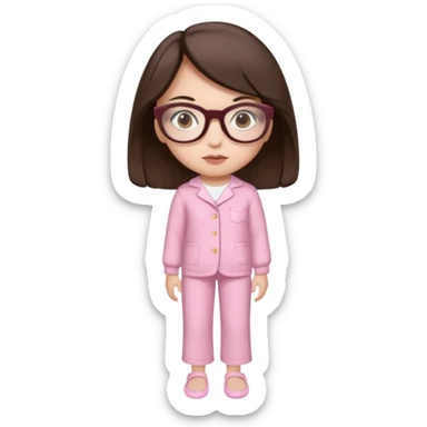 Girl with dark brown hair, light skin, brown eyes, wearing a miu miu glasses the brown ones, and wearing a top in white with a pair of pyjama pants in pink and a slipper in white  sticker