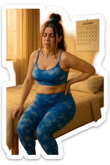 a woman in her 30s sits on the edge of her bed in the morning, holding her lower back with a pained expression. Subtle visual cues, like uneven shoulders or hips, hint at postural asymmetry. The room is softly lit, and a calendar on the wall shows months crossed off, symbolizing chronic pain over the years. sticker