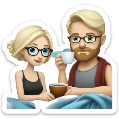 Pale blonde girl with blue eyes wearing glasses and pale man with short black hair and beard drinking tea under a blanket sticker