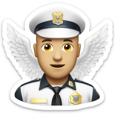 A WHITE Police man bald with cap with Big ANGEL WINGS sticker