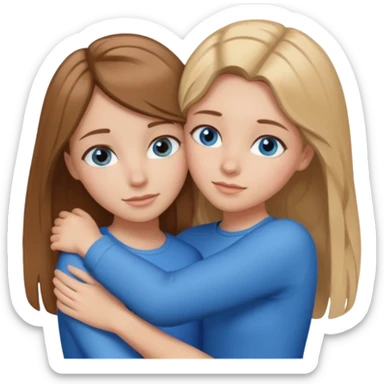 two Girls, Brown and Blonde hair, with Blue Eyes hugging one has Brown hair sticker