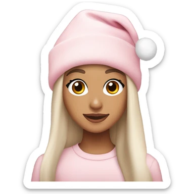 Ariana grande in a light pink christmas outfit wearing a light pink christmas hat sticker