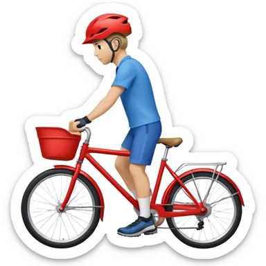 a white man, wearing blue shirt, walking next to his red bike, a bicycle helmet on the head sticker