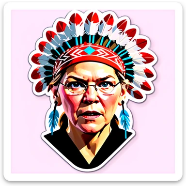 Make a picture of Senator Elizabeth Warren with a traditional Native American headdress make it less cartoonish without the braids make it more realistic accentuate her wrinkles and more realistic  sticker