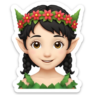 tiny Elf with Flower Crown, curley hair black sticker