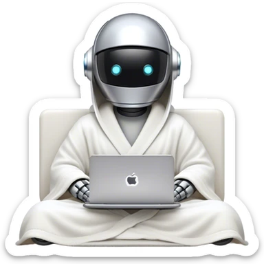 An emoji of a remote-working robot, sitting comfortably with coffee and laptop wrapped in a cozy bathrobe. The robot's head resembles a sleek, futuristic helmet with a smooth, reflective surface. Its eyes are not human-like but rather glowing digital slits or circular LED indicators. sticker