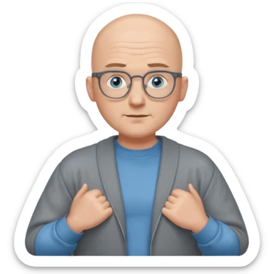 bald man with blue eyes and eye glasses big shrugging sticker