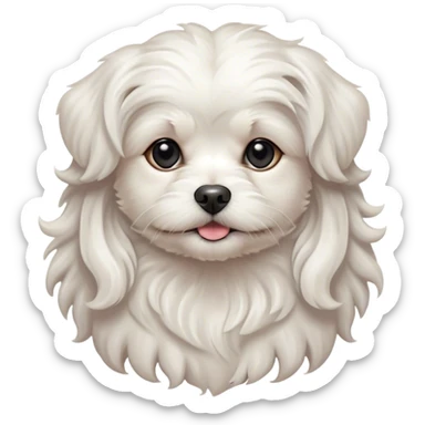 Cinematic Noble Wavy-Haired Maltese Dog Portrait Emoji, Poised and regal, with a delicate, compact build and a pristine, wavy-haired white coat that cascades in gentle curls, deep-set soulful dark eyes, Simplified yet sharp and sophisticated features, highly detailed, glowing with a soft, dignified glow, high shine, intelligent and gentle, stylized with an air of refinement, focused and attentive, soft glowing outline, capturing the essence of a watchful and graceful companion, so majestic it feels as though it could prance out of the screen with effortless authority! sticker