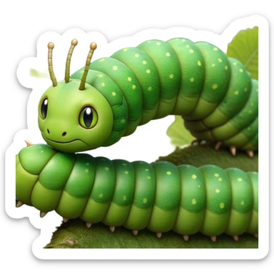 Cinematic Realistic Noble Caterpillar Portrait Emoji, Poised and serene, with a slender, segmented body covered in vivid, detailed green scales accented by subtle natural patterns, and a tiny, focused face with delicate, inquisitive eyes, rendered with lifelike texture and soft natural lighting, high shine, intelligent and delicate, styled with an air of woodland elegance, focused and attentive, soft glowing outline, capturing the essence of a watchful and confident looper caterpillar that appears ready to inch gracefully out of the screen with natural authority! sticker
