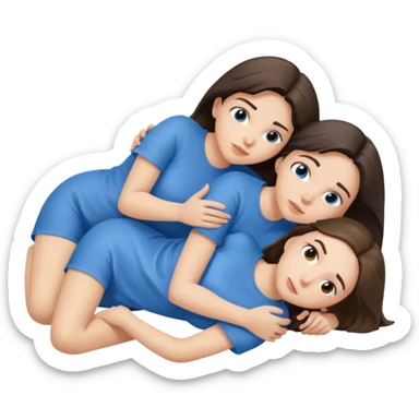 two white brunette women lying down full body on top of each other wrapped around each other one wearing a blue shirt they should be melting into each other sticker