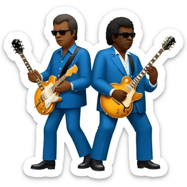 Icon for Blues Music: close-up collage of legendary blues artists. Gary Moore, Eric Clapton, B.B. King and Joe Cocker. Represented by silhouettes or symbolic items like guitars, microphones, or music notes, reflecting the soulful energy of blues music. Transparent background. sticker