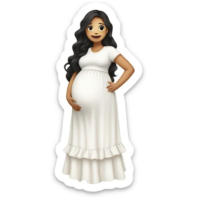 A pregnant girl with long dark hair in a white dress with ruffles looks at her pregnant belly, hugs it with her arms and smiles sticker