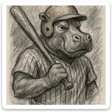 hippo holding a baseball bat, wearing a yellow helmet, pinstripes outfit sticker