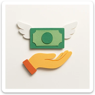 money with wings, donation emoji, paper craft style sticker