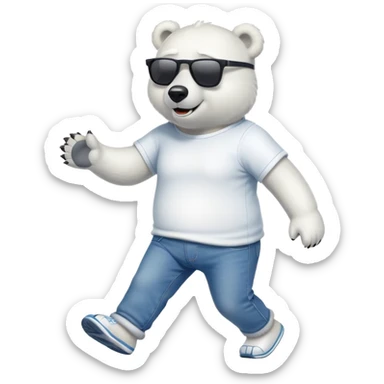 friendly anthropomorphised polar bear in jeans and a t-shirt, wearing dark sunglasses, jogging upright, relaxed pose sticker