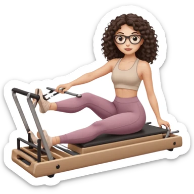 Memoji-style girl with long dark brown curly hair, round glasses, large brown eyes, soft rounded face,makeup, warm beige skin tone, wearing Pilates activewear performing Pilates and reformer Pilates exercises on a reformer machine, pastel color palette, smooth soft shading sticker