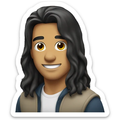 handsome man with long black hair combed back, leaning back against the school bus, white-skinned American sticker