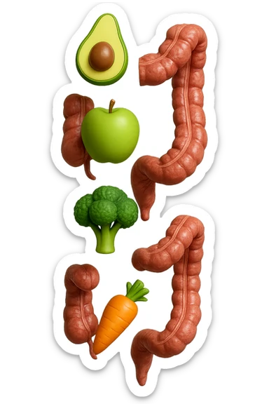 emoji stile iphone in 3d di cibo sano che fluttua in aria vericalmente insieme a pezzi di colon umano anatomico, iperrealistico 4k sticker