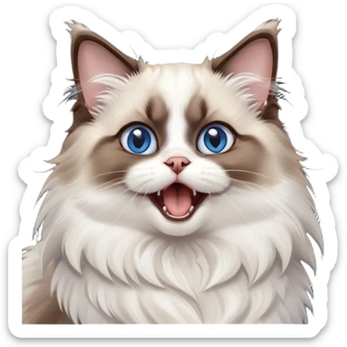 cinematic-adorable-big-eyed-fluffy-dark brown and white ragdoll-cat-portrait-emoji,-head-tilted-playfully-with-a-cute,-yawn,-soft-brown-and white-colored-fur-with-darker-points-on-the-ears,-simplified-yet-irresistibly-cute-features, sparkling blue eyes sticker