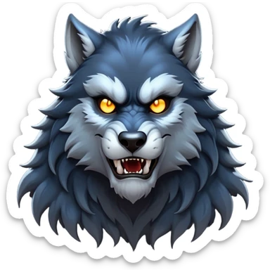 cinematic-noble-fierce-werewolf-portrait-emoji, poised-and-imposing, with a tall, slender, muscular frame, fur rippling in shades of midnight black and silver, eyes glowing with an intense, primal ferocity, reflecting the untamed power of the wild moonlit night; rendered with realism sticker
