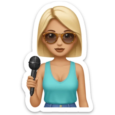 woman with summer clothes and sun glasses holding microphone sticker