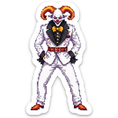 full-body demonic clown in a white leisure suit with bellbottom pants, bald, with black ram horns, flashy belt, ruffled shirt, no neck tie, large fangs in mouth sticker