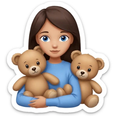 a girl with long dark 
brown hair, with blue eyes, in a
white sweater, hugs 3 different natural coloured sticker