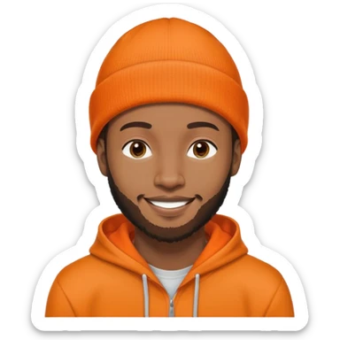African yound man in his late 20s with a beanie and a bright smile with a short boxed beard, and a low cut hair, orange hoody sticker