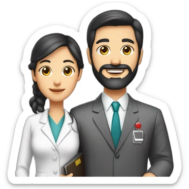 husband classic executive 55 dark hair trimmed beard wearing business suit holding bible, with wife asian age 55 dark hair wearing nurse uniform sticker