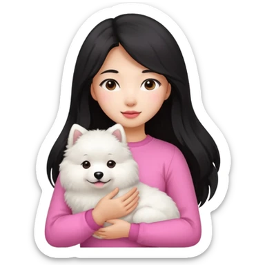 A black long hair asian pretty girl with a bright skintone and pink outfit holding a samoyed dog sticker