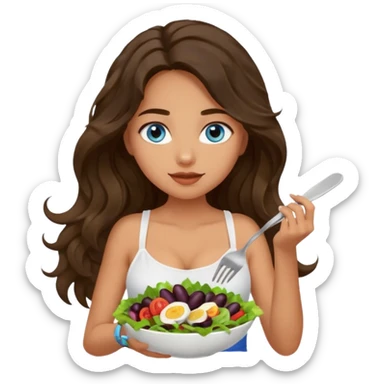 Girl with olive skin, blue eyes, brown dark insanely wavy long hair, white camisole eating a salad  sticker
