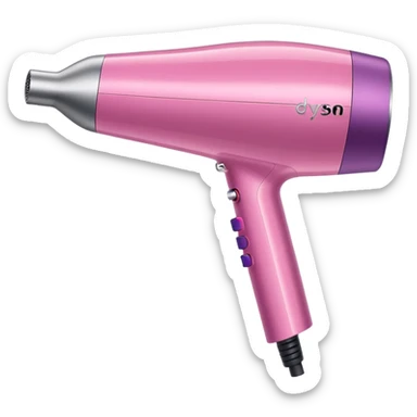 A pink Dyson Supersonic hair dryer, slight angle, realistic style, Features the distinctive hollow circular head with the barrel running through the center, sleek modern design, glossy pink finish with metallic silver accents on the nozzle ring. Compact proportions , clean lines, slight shading  sticker