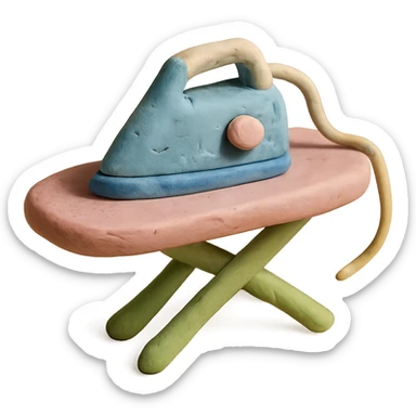 iron and ironing board in claymation style, pastel colors, visible fingerprints, soft matte finish sticker