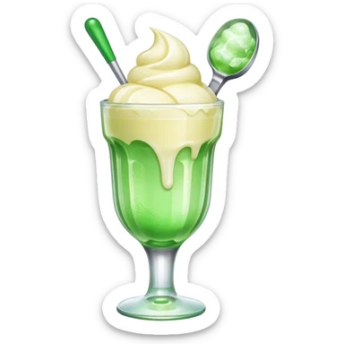 Create an emoji with a clear rounded glass, bright transparent green soda, vanilla ice cream scoop sticker