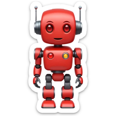 cute red mini robot mascot with a large white play button on its chest, rounded body, glowing eyes, small arms and legs, friendly and helpful expression, futuristic but adorable, flat emoji-like character sticker